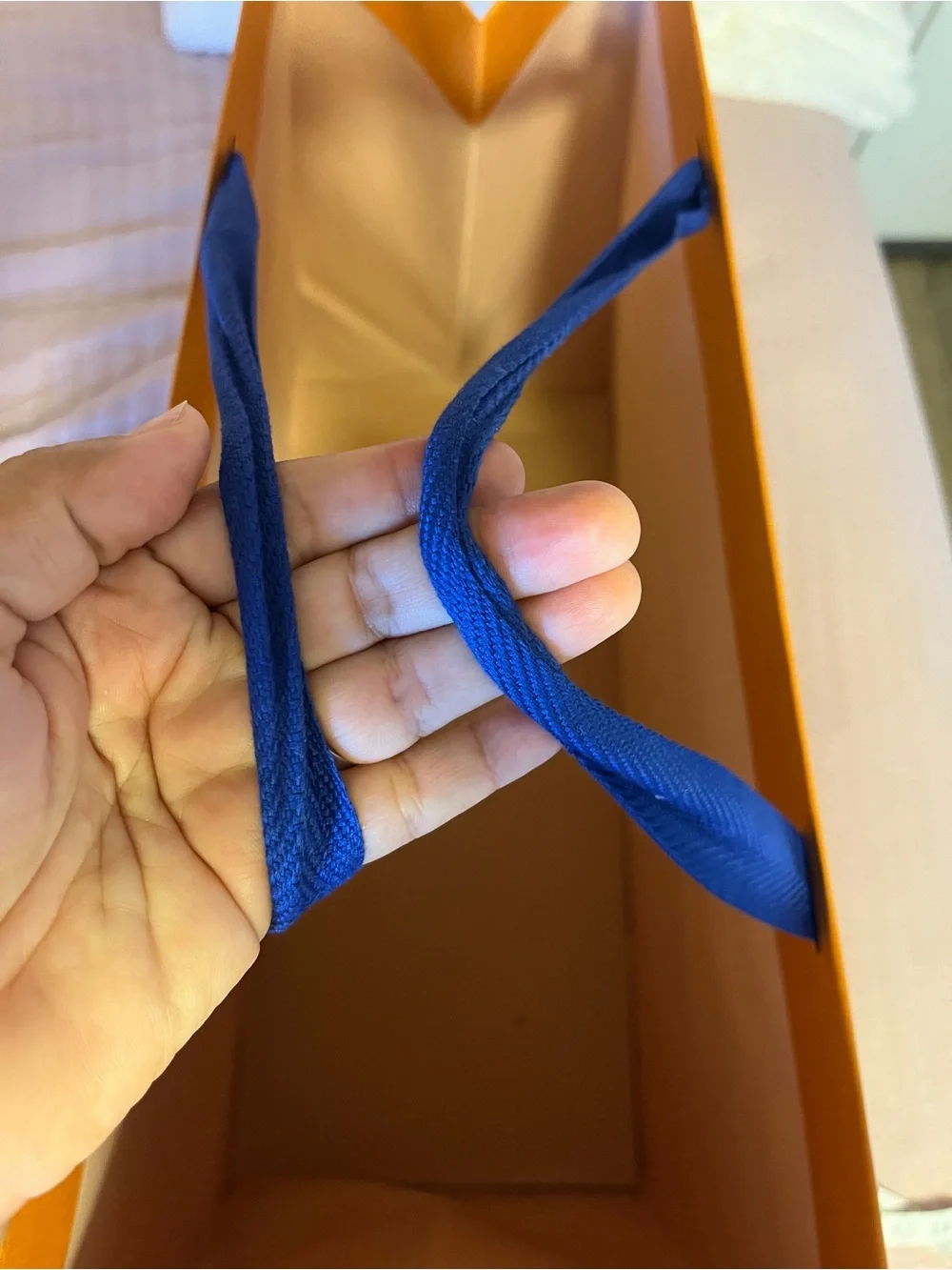 Louis Vuitton Orange Shopping Tote with Blue Handles